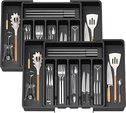 KOOSREEL Wysuwana taca na przybory do szuflad, stojak na sztućce, organizer do szuflady kuchennej, plastikowy stojak do przechowywania sztućców, łyżek, widelców itp., czarny, 2 szt