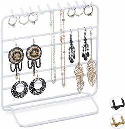 Relaxdays Stojak na biżuterię, łańcuszki, kolczyki, bransoletki, przechowywanie biżuterii, organizer na biżuterię, wys. x szer. x gł.: 21 x 20 x 10 cm, biały, 1 sztuka