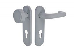 Gałko-klamka drzwiowa bezpieczna Assa Abloy z długim szyldem WB 72 mm, trzpień 9mm, INOX, szary połysk (ppoż.) (komplet) (AHW300UKPZ/9/PG)