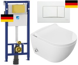 ZESTAW 5W1 : Miska WC z bidetem Rimless 51x36x32,5 cm i z baterią ciepła zimna /woda + deska duroplastslim soft close + stelaż + przycisk biały SCHWAB