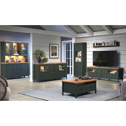 Kredens z nadstawką Emerald, 146 x 45 x 198 cm, ciemno zielony, dąb Evoke