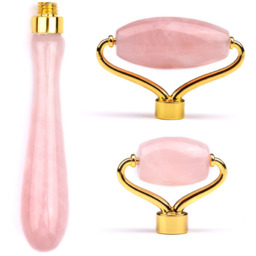 Profesjonalny wałek z różowego kwarcu do masażu twarzy i szyi z wymiennymi głowicami + eleganckie etui - działanie pielęgnujące, kojące, efekt lifting