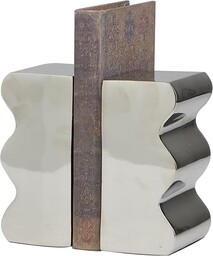 The Novogratz Aluminiowe metalowe dekoracyjne podpórki do książek inspirowane falą antypoślizgowe podpórki do książek, zestaw 2 podpórek do książek biurowych 3 W, 15 cm H, srebrne