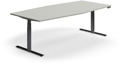 Stół konferencyjny z regulacją wysokości, kształt łodzi, 2400x1200 mm, czarna rama, jasnoszary