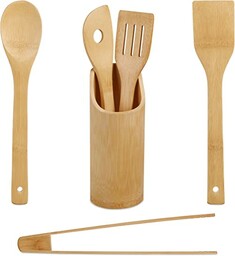 Relaxdays Zestaw przyborów kuchennych, 6-częściowy, łyżka kuchenna, łopatka, szczypce do grilla, pojemnik na przybory kuchenne, bambus, naturalny