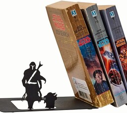 Metalowa podpórka do książek Najemnik i Dziecko, wyjątkowe, śliczne podpórki do książek dla geeków do domu, biura i pokoju dziecięcego - czarne metalowe podpórki do książek, 25 cm