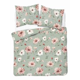 Detexpol Pościel bawełniana miętowa z Kremowo-różowymi kwiatami 160x200 kolekcja Naturalis wzór 5502 B