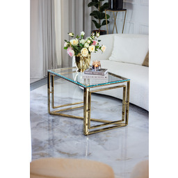 STOLIK KAWOWY złota podstawa wysoki połysk, szklany transparentny blat, styl glamour