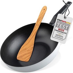 Fackelmann 2-częściowy zestaw patelni wok Balance 30 cm, nieprzywierająca patelnia z 90% aluminium pochodzącego z recyklingu z ergonomicznym uchwytem z tworzywa sztucznego i łopatką 30 cm, nadaje się