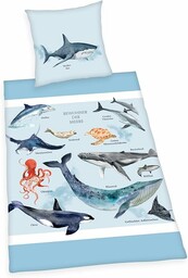 Herding Komplet pościeli z motywem mieszkańców mórz, poszewka na poduszkę 80 x 80 cm, poszwa na kołdrę 135 x 200 cm, z gładkim zamkiem błyskawicznym, 100% bawełna/Renforce, niebieski