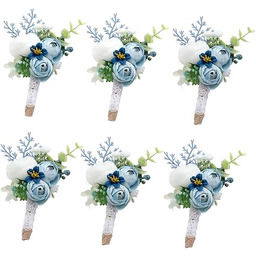 Ansofi 6 szt. Dusty Blue Boutonniere dla mężczyzn ślub biała róża eukaliptus pana młodego drużby boutonnieres dziurki na guziki na wesele bal dekoracja