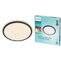 Łazienkowa lampa sufitowa Philips LED Superslim, czarna, 18W, ciepłe białe światło 2700K, 3 ustawienia światła - ściemniana bez ściemniacza, IP44, 1 sztuka