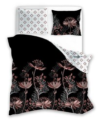 Faro Pościel satynowa 160x200 Pure Sateen 010 czarna pudrowa kwiaty