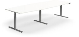 Stół konferencyjny z regulacją wysokości, kształt łodzi, 3200x1200 mm, srebrna rama, biały