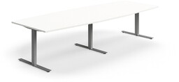 Stół konferencyjny QBUS, kształt łodzi, 3200x1200 mm, rama T, srebrny, biały