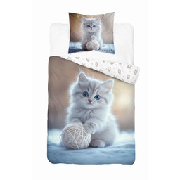 Detexpol Pościel bawełniana 140x200 cm młodzieżowa z kotkiem i kłębkiem wełny DreamStyle wzór 5573 A