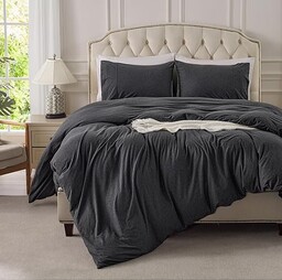 PURE ERA Zestaw pościeli z dzianiny dżersejowej, 100% bawełna, super miękki, wygodny, 3-częściowy zestaw pościeli z zapięciem na zamek błyskawiczny (szary melanż, Queen)