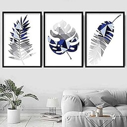 Artze Wall Art Obrazy na Ścianę, Geometryczne Tropikalne Liście Artystyczne 3-częściowy Zestaw, 30 cm Szerokości x 40 cm Wysokości, Granatowy/Szary