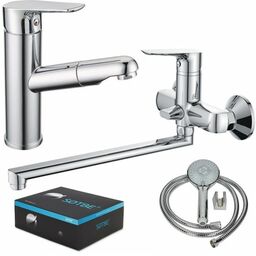 SOTBE INARI bateria wannowa ścienna z długą ruchomą wylewką + bateria umywalkowa z wyciąganą wylewką