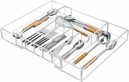 NIUBEE Akrylowy organizer do szuflad kuchennych na sztućce i przybory, rozszerzalny organizer na sztućce i taca na sztućce do kuchni, biura, przyborów łazienkowych, przezroczysty, 53 cm