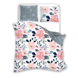 Faro Pościel satynowa 140x200 Milagro Verde 011 szara róożwa kwiaty z jedną poszewką