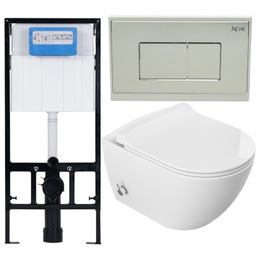 ZESTAW 3w1 : Miska WC z funkcją bidetu Rimless 51x36x32,5 cm i z baterią ciepła zimna /woda +deska duroplastslim soft close , biała + Stelaż podtynkowy WC SLIM 113x52x12cm German Quality , Japar/