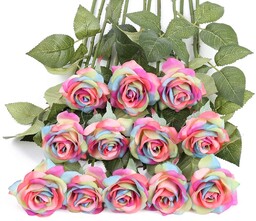 IPOPU Sztuczne tęczowe kwiaty, 12 szt. tęczowych róż, bukiet, sztuczne tęczowe róże, prawdziwe w dotyku, jedwabne kwiaty, do samodzielnego wykonania, do domu, na ślub, przyjęcie, ogród, bukiety