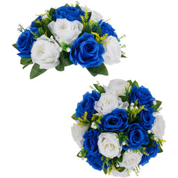 Weselne róże centra stołowe: 2 sztuki sztucznych kwiatów, królewski niebieski i biały, sztuczne pocałunki dekoracje na stół, dekoracja stołu na przyjęcie domowe, dekoracja DIY