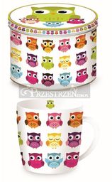 KUBEK PORCELANOWY Kolorowe Sowy I w metalowej puszce - 217 OWLA