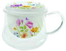 SZKLANKA - FILIŻANKA - KUBEK z PORCELANOWYM ZAPARZACZEM Polne Kwiaty (353 FLDC)