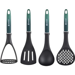 BERGNER Classique zestaw 4 przyborów kuchennych z szpatułką, miecznikiem, łyżką i praską do ziemniaków z uchwytem w kolorze zielonym wytrzymałe naczynia z otworem do zawieszenia