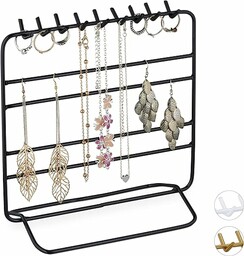Relaxdays Stojak na biżuterię, łańcuszki, kolczyki, bransoletki, przechowywanie biżuterii, organizer na biżuterię, wys. x szer. x gł.: 21 x 20 x 10 cm, czarny, 1 sztuka