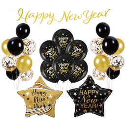 Balony na Sylwestra złoto czarne Happy New Year Girlanda złota Gwiazdy Hel