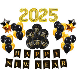 Zestaw balonów na Sylwestra złoty Baner Happy New Year 2025 złote cyfry