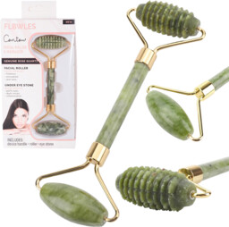 Roller jadeitowy do masażu twarzy, szyi i dekoltu z dwiema głowicami - gładką i karbowaną - poprawa wyglądu skóry, działanie odmładzające (24363)