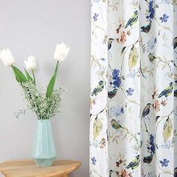 Leeva Niebieskie zasłony okienne do drzwi przesuwnych, ogród, elegancki styl, nadruk ptaków, zasłona z przelotkami i zasłony do salonu, 2 panele, 132 x 84 cm