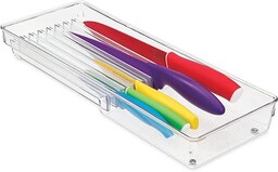 iDesign 50240 taca na sztućce do szuflady, plastikowy organizer na noże kuchenne z 8 przegródkami, praktyczna wkładka do szuflady na sztućce kuchenne, przezroczysta