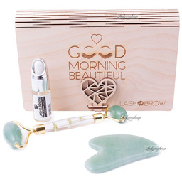 Lash Brow - Zestaw prezentowy do pielęgnacji twarzy w drewnianej szkatułce - Roller + Guasha + Esencja - Zielony