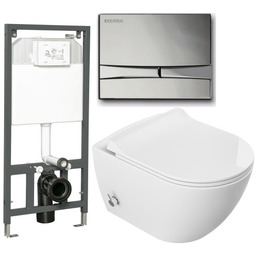 ZESTAW 5w1: stelaż + przycisk chrom + Miska WC z funkcją bidetu Rimless 51x36x32,5 cm i z baterią ciepła zimna /woda +deska duroplastslim soft close , biała