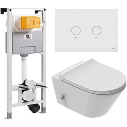 ZESTAW: Stelaż OLI + przycisk biały + Miska WC z funkcją bidetu, Tornado z baterią ciepła zimna /woda +deska duroplast slim soft close, biała Viba Azul