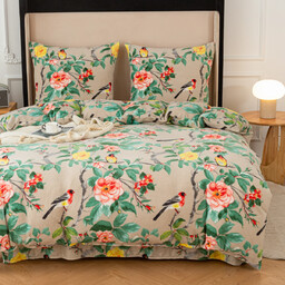 Pościel dwustronna z MIKROFIBRY-MIŚ szara w kwiaty i ptaki PEK-113