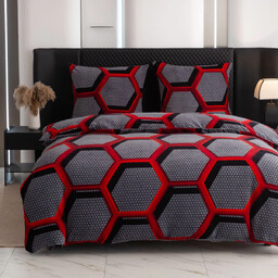 Pościel dwustronna z MIKROFIBRY-MIŚ grafitowa w geometryczny czerwony wzór PEK-114