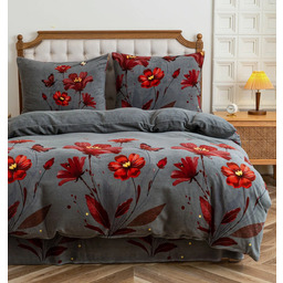 Pościel dwustronna z MIKROFIBRY-MIŚ szara w czerwone kwiaty PEK-123