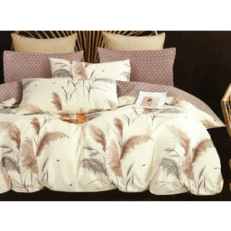 Pościel z satyny bawełnianej dwustronna brązowo-biała w trawę pampasową i kłosy zbóż SBA-139