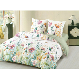 Pościel z satyny bawełnianej dwustronna zielono-biała w kolorowe kwiaty polne SBA-140