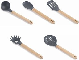 LACOR - 68190 - Zestaw 5 przyborów kuchennych UNITE wykonanych z silikonu i drewna bukowego, szarego i drewna, bez BPA (69190)