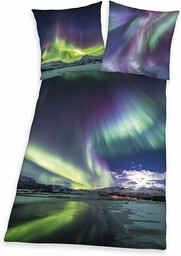 Herding Young Collection Komplet pościeli, dwustronny motyw światła polarnego, poszewka na poduszkę 80 x 80 cm, poszewka na kołdrę 135 x 200 cm, z łatwym zamkiem błyskawicznym, bawełna/Renforce