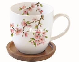 PORCELANOWY KUBEK NA DREWNIANYM SPODKU Sakura - Kwitnąca Wiśnia (1080 SAKU)