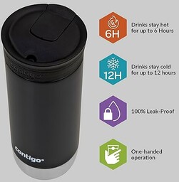 Contigo Huron 2.0 Snapseal Kubek podróżny, ze stali nierdzewnej, termos próżniowy, szczelny, z łatwą do czyszczenia pokrywką, bez BPA, lukrecja, 470 ml