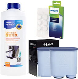 Zestaw Philips Saeco - Filtr Philips Aquaclean CA6903 2szt, Uniwersalny Odkamieniacz 500ml, Philips CA6704/10 Tabletki Czyszczące